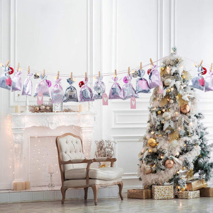 Adventskalender Kette mit 24 Stoffsäckchen Rosa Grau, DIY