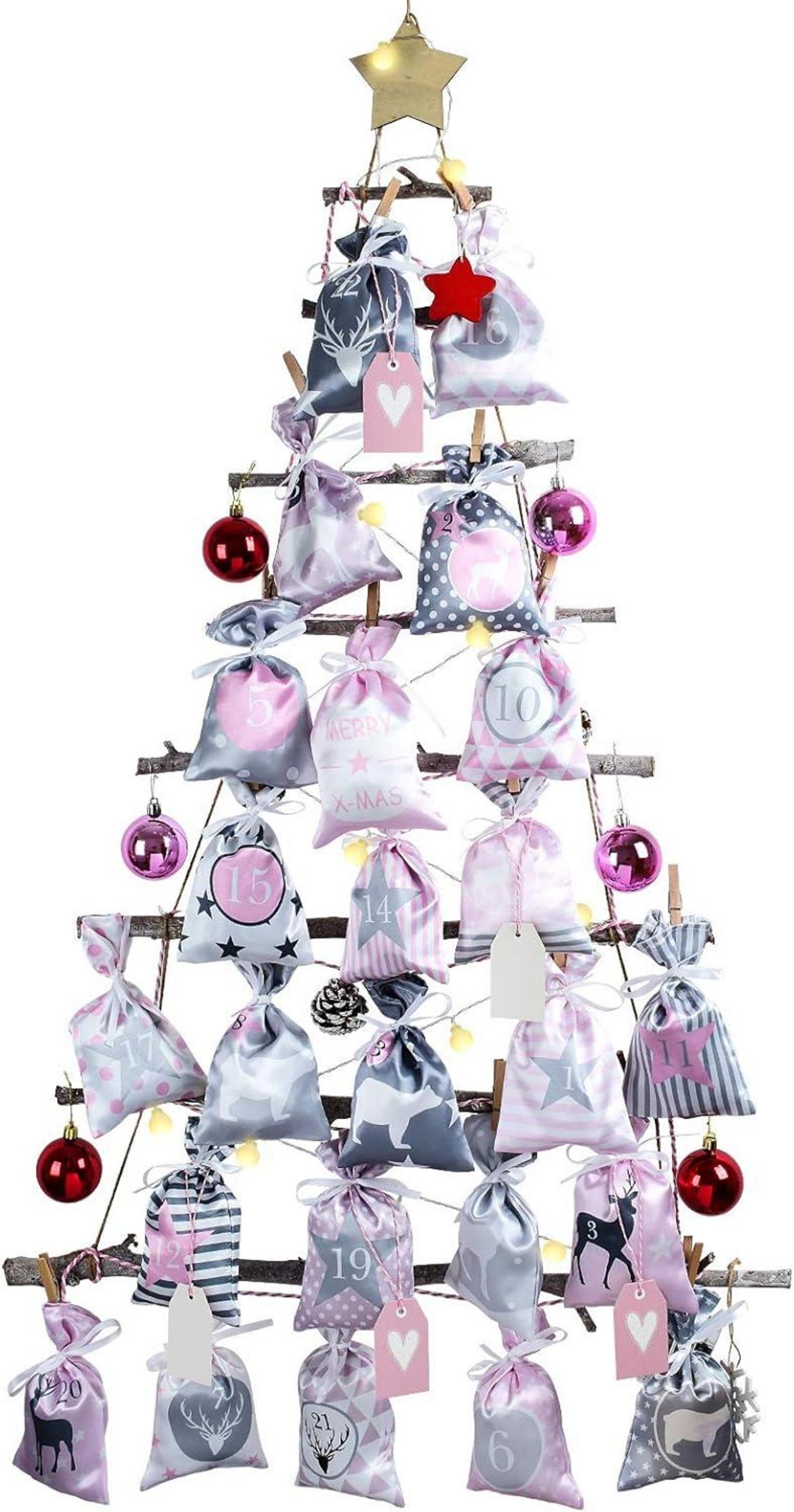 Adventskalender Kette mit 24 Stoffsäckchen Rosa Grau, DIY