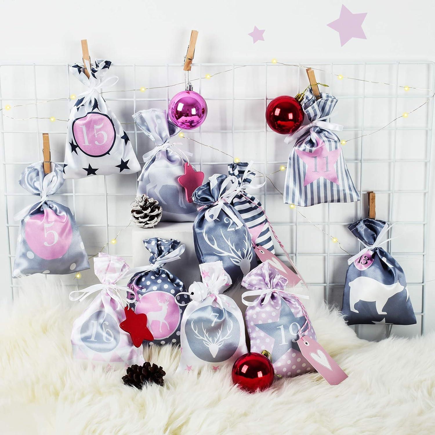 Adventskalender Stoffbeutel Kette Rosa Grau Weihnachtskalender DIY