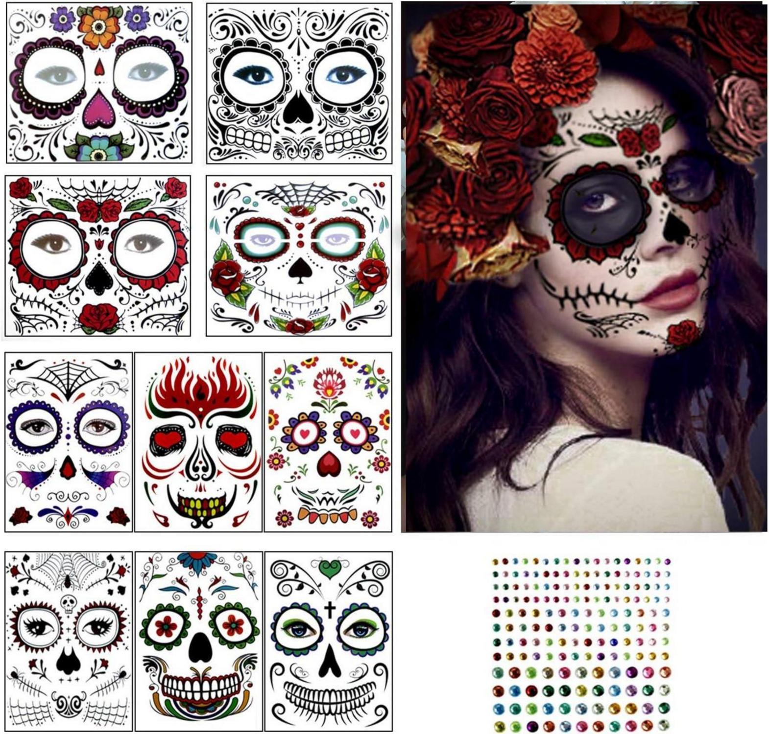 10stk Halloween Gesicht Temporäre Tattoos & Edelsteinaufkleber für Tag