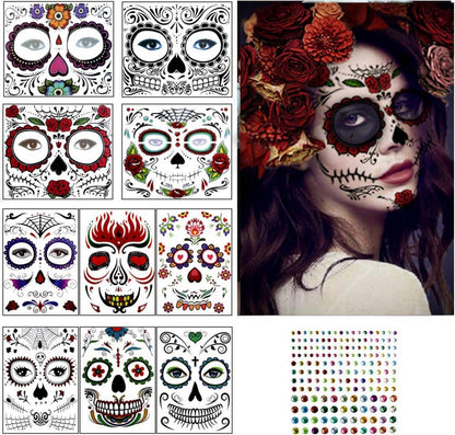 10stk Halloween Gesicht Temporäre Tattoos & Edelsteinaufkleber für Tag