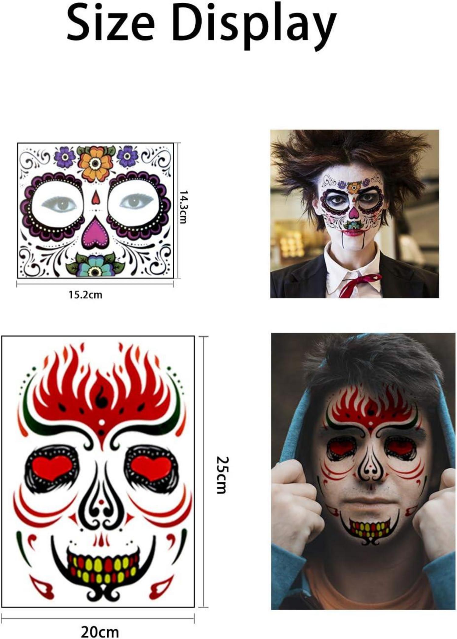 10stk Halloween Gesicht Temporäre Tattoos +1stk Edelsteinaufkleber Totenkopf