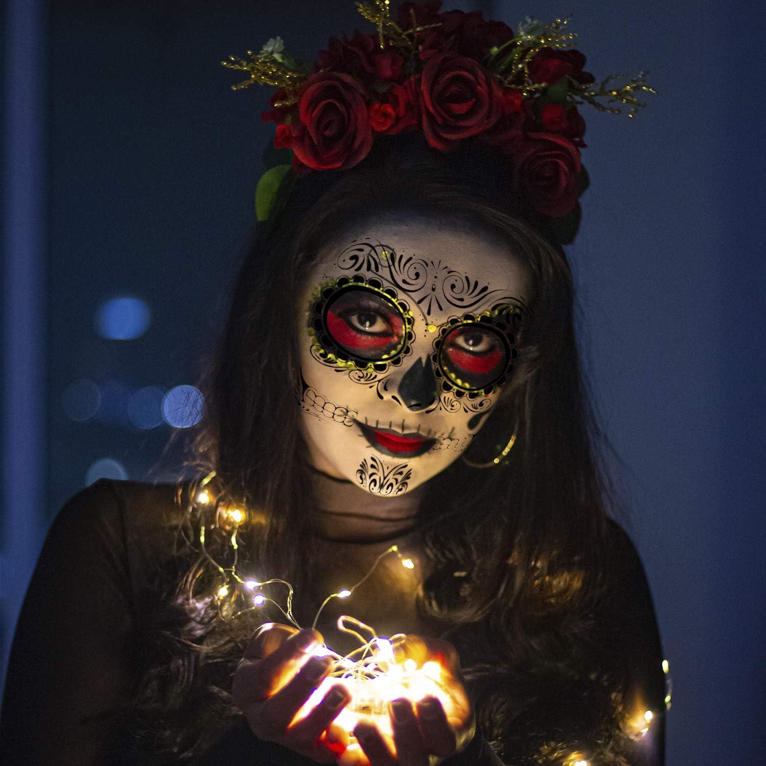 10stk Halloween Gesicht Temporäre Tattoos +1stk Edelsteinaufkleber Totenkopf