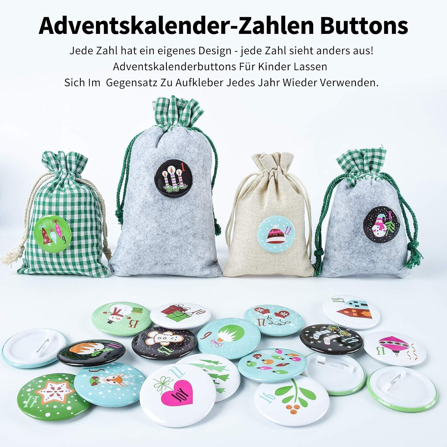 Adventskalender zum Befüllen mit 24 DIY Buttons, Stoffbeutel und Kette