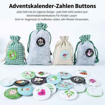 Adventskalender zum Befüllen mit 24 DIY Buttons, Stoffbeutel und Kette