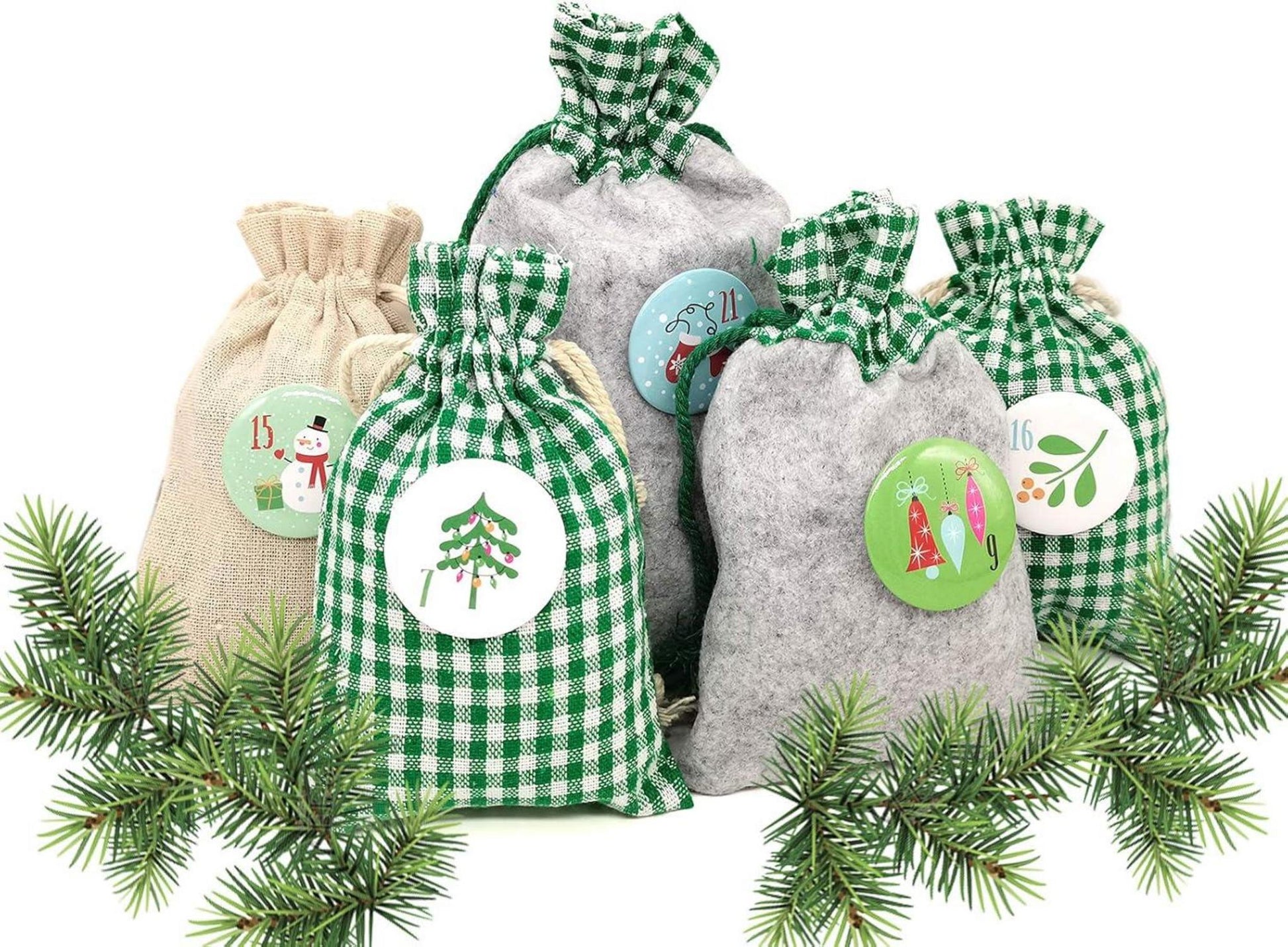DIY Adventskalender Buttons Set, 24 romantische Liebes-Botschaften, Stoffbeutel zum selbst Befüllen, Weihnachtskalender für Kinder und Erwachsene