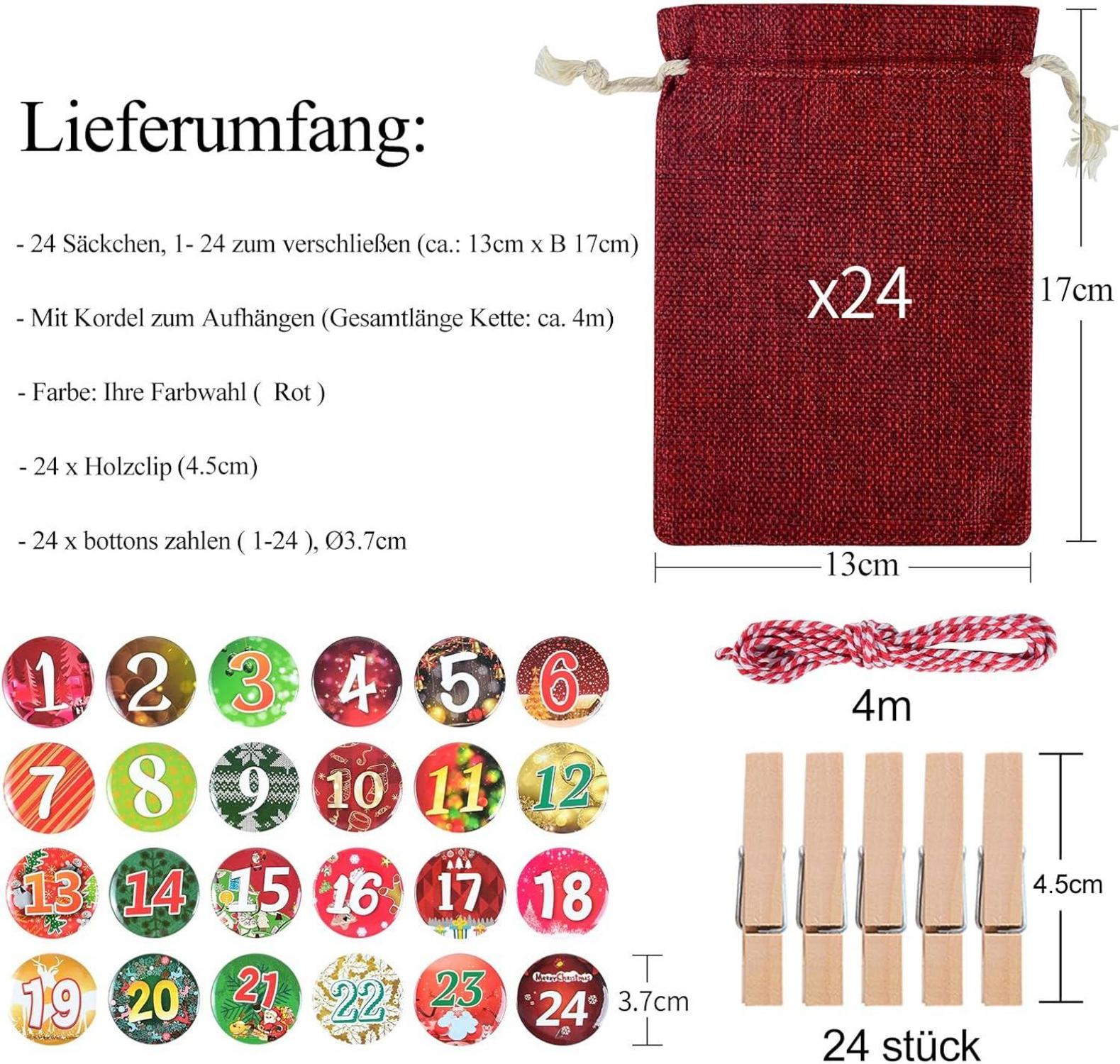 Großer Adventskalender zum Befüllen Weihnachtskalender 24 Jutesäckchen Rot 13x17