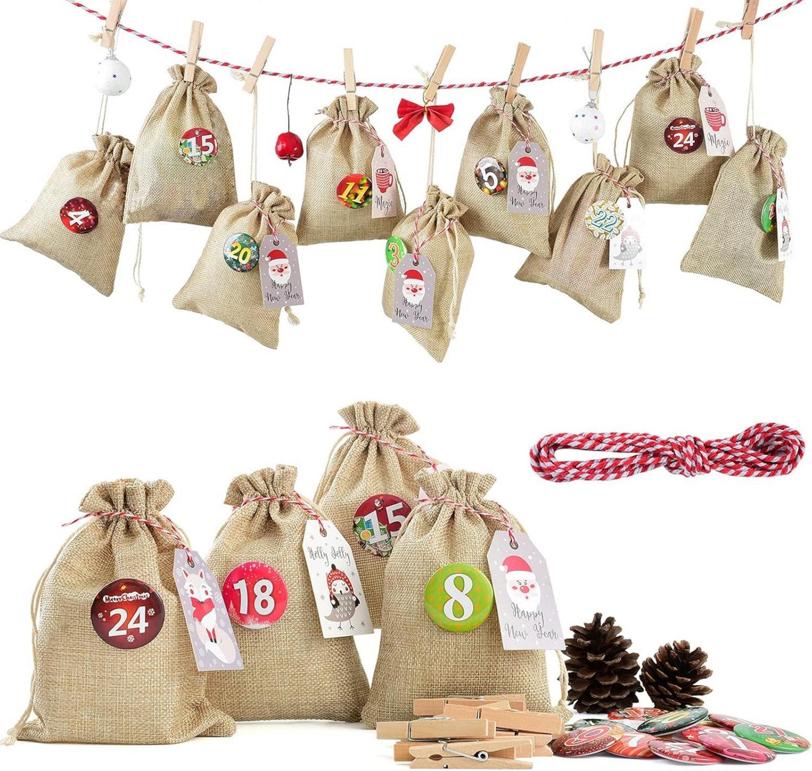 Adventskalender zum Befüllen Jutesäckchen 24 Holzclip 2023