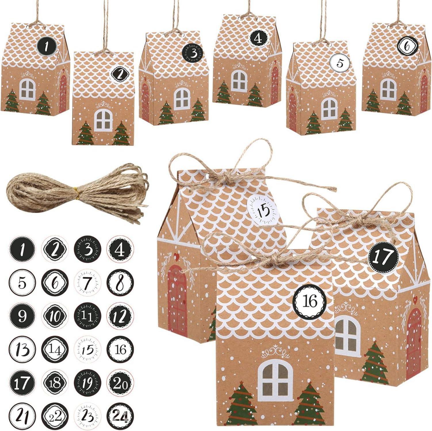 24 Stück Adventskalender Geschenkbeutel Weihnachtskalender Haus Formen