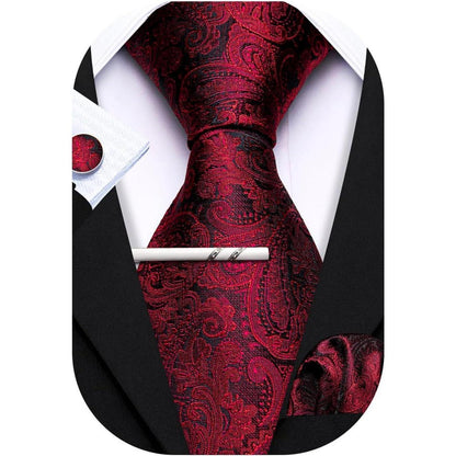 Herren Krawatten-Set Seide Paisley mit Einstecktuch & Manschettenknöpfen