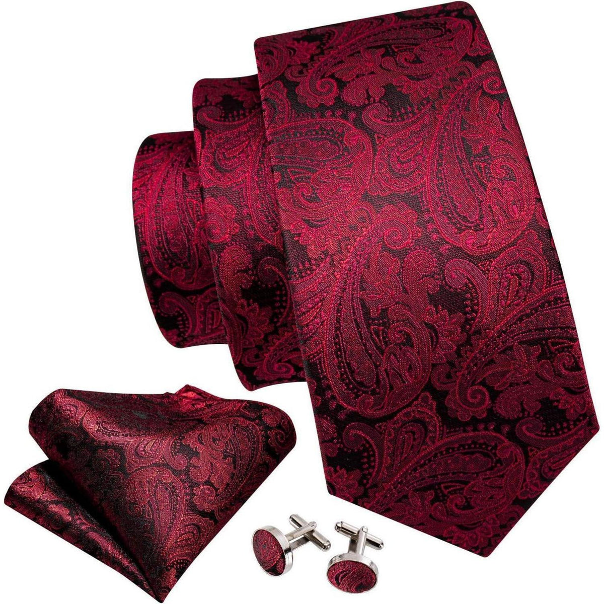 Herren Krawatten-Set Seide Paisley mit Einstecktuch & Manschettenknöpfen