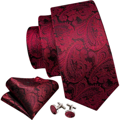 Herren Krawatten-Set Seide Paisley mit Einstecktuch & Manschettenknöpfen