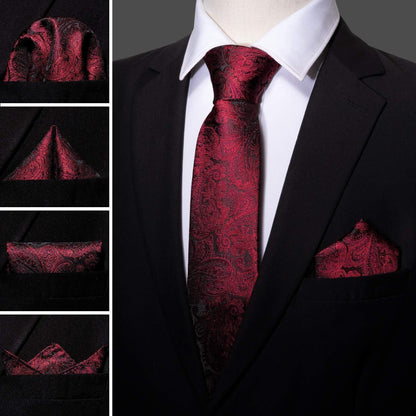 Herren Krawatten-Set Seide Paisley mit Einstecktuch & Manschettenknöpfen
