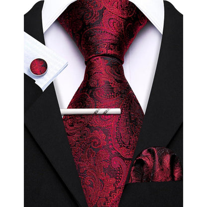 Herren Krawatten-Set Seide Paisley mit Einstecktuch & Manschettenknöpfen