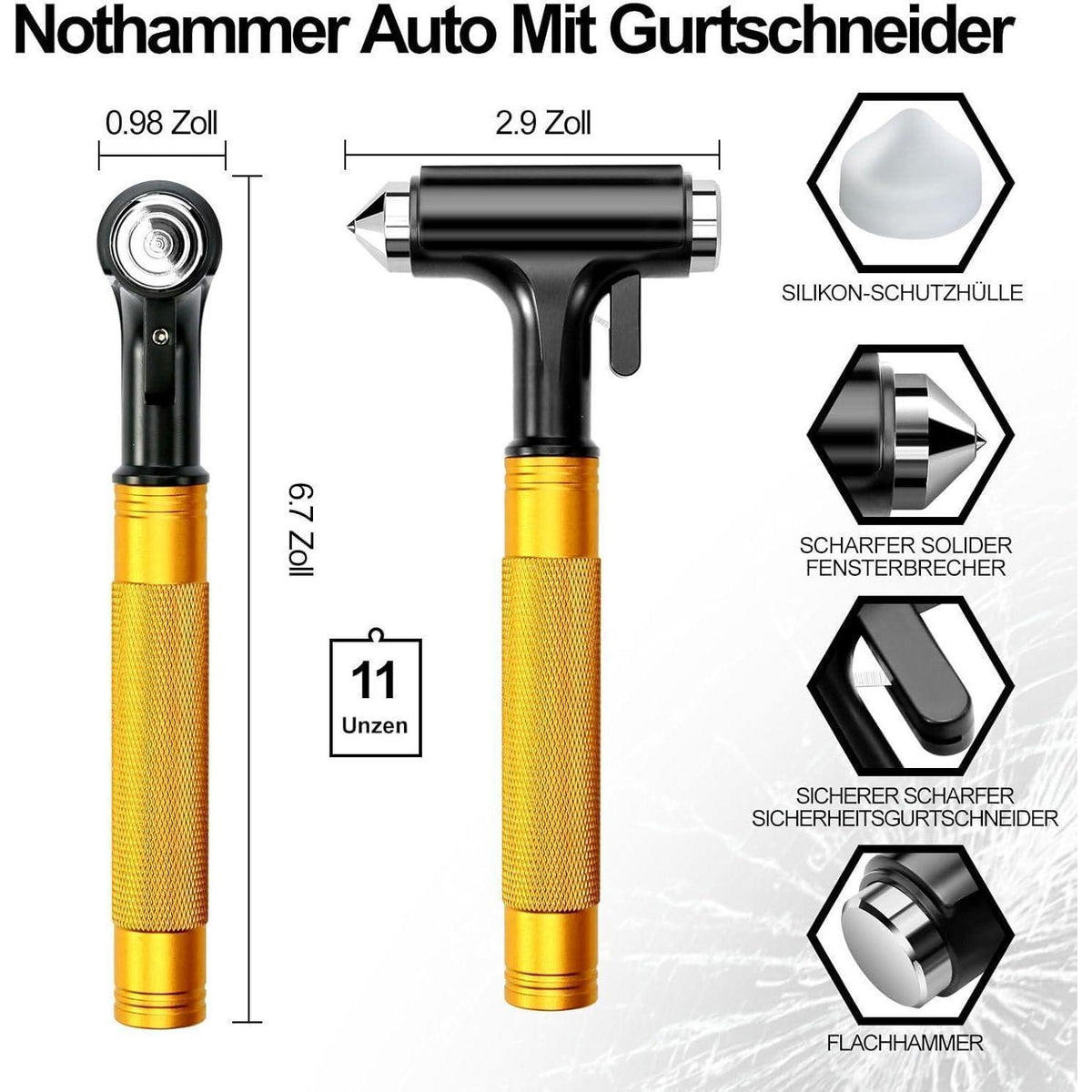 Notfallhammer Auto mit Gurtschneider & Glasbrecher – Gelb