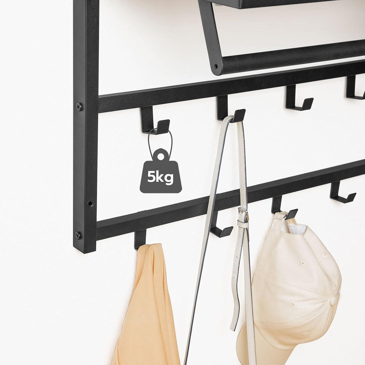Wandgarderobe mit Ablage und 10 Haken, Dunkelbraun + Schwarz