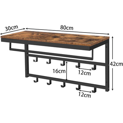 Wandgarderobe mit Ablage und 10 Haken, Dunkelbraun + Schwarz