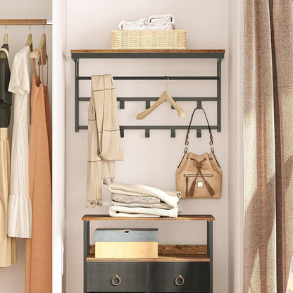 Wandgarderobe mit Ablage und 10 Haken, Dunkelbraun + Schwarz