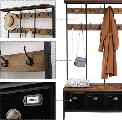 Garderobenständer mit 12 Haken und 3 Aufbewahrungsboxen, Schuhbank, Industrie-Design