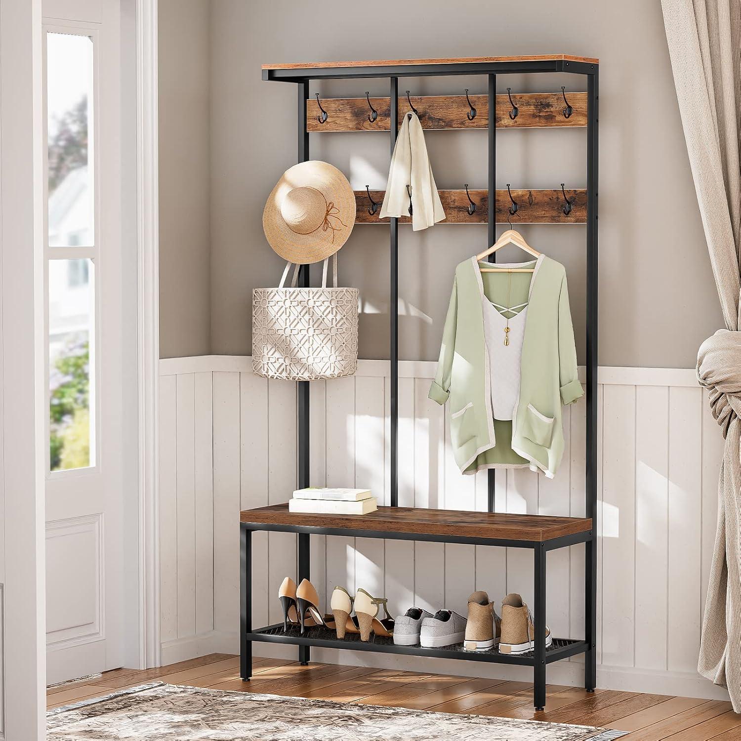 Garderobenständer mit 12 Haken und 3 Aufbewahrungsboxen, Schuhbank, Industrie-Design