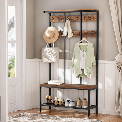 Garderobenständer mit 12 Haken und 3 Aufbewahrungsboxen, Schuhbank, Industrie-Design