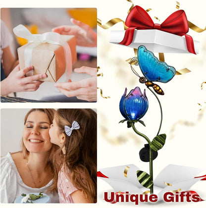 Solarleuchte Schmetterling Blumen Gartenlampe Metall Glas IP65