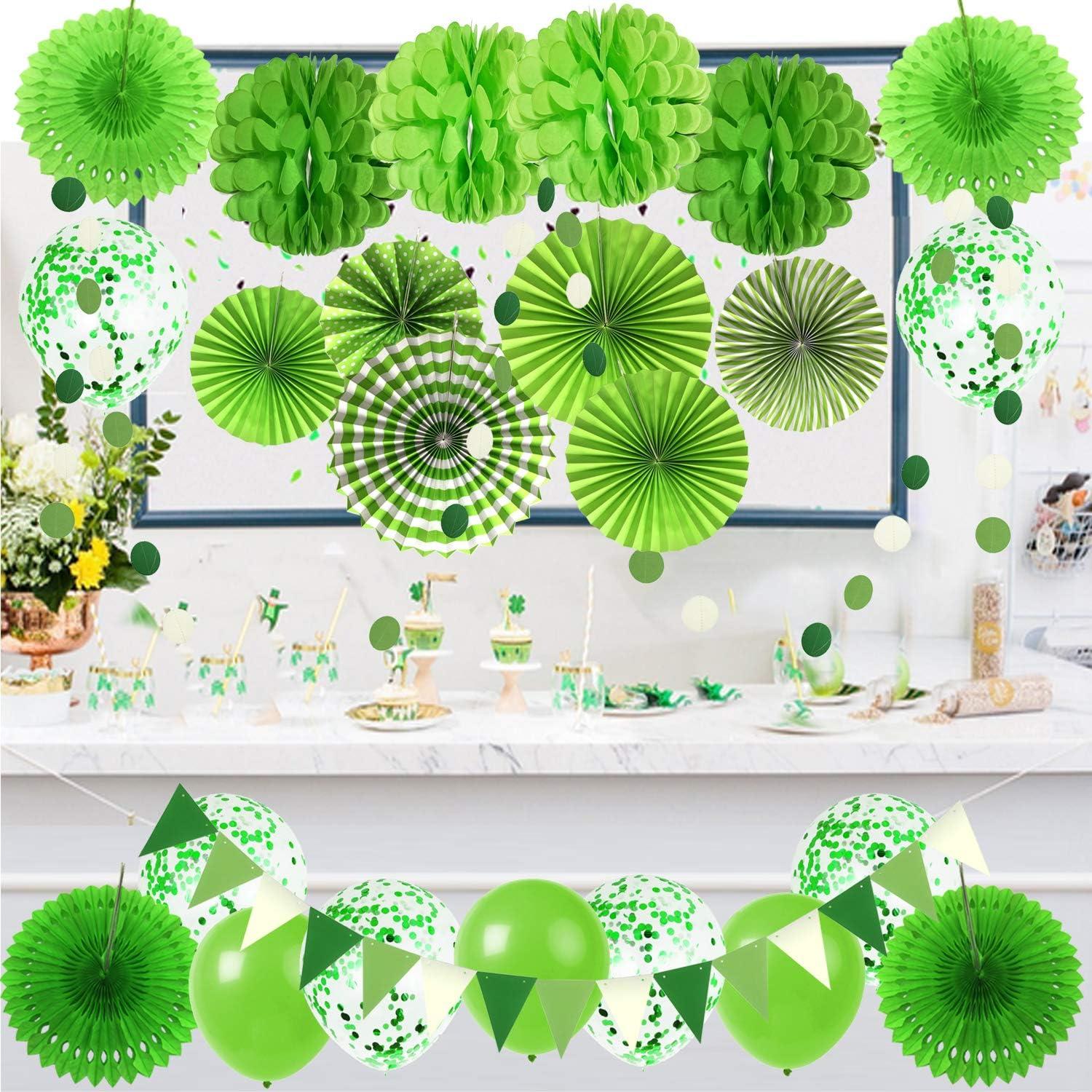 ZERODECO Party-Deko Set Papierfächer Pompons Blumen Punkte Girlande grün