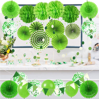 ZERODECO Party-Deko Set Papierfächer Pompons Blumen Punkte Girlande grün