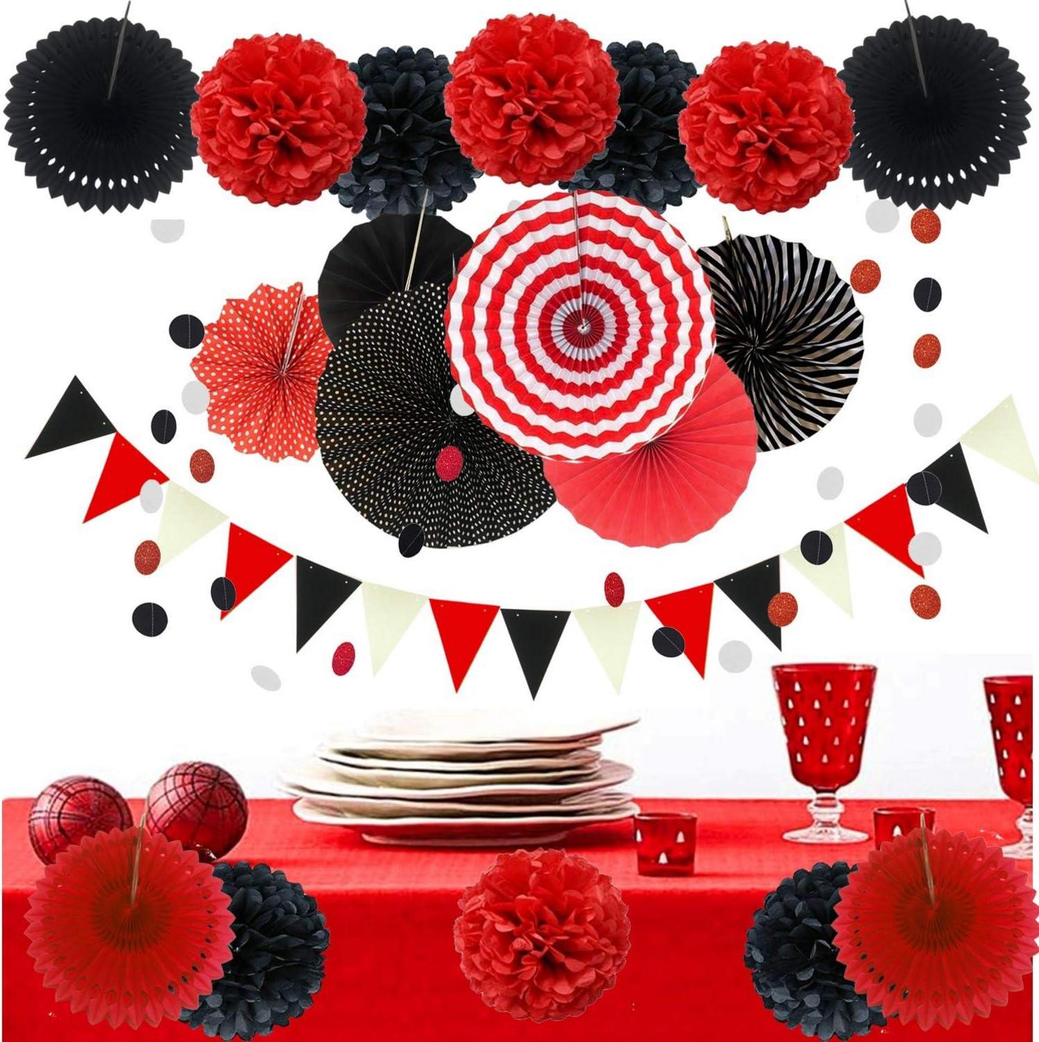 ZERODECO Party Dekoration Papier Pompoms Set Schwarz Rot 38 Teile