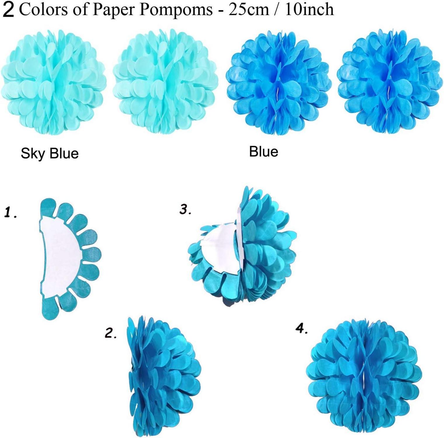 Party Dekoration Set Blau Papier Pompoms Fächer Wimpel und