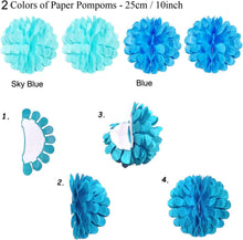 Party Dekoration Set Blau Papier Pompoms Fächer Wimpel und