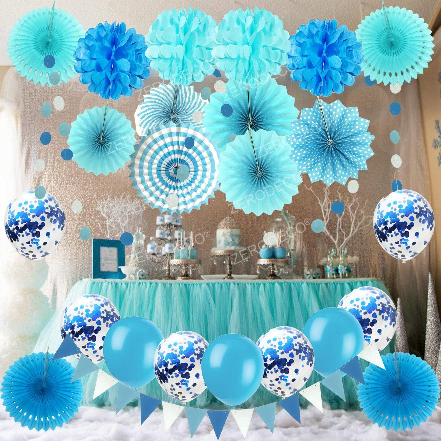 Party Dekoration Set Papier Pompoms Fächer Wimpel Glitter Punkt Blau
