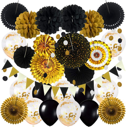 Party Dekoration Schwarz Gold Konfetti Ballons Pompoms Fächer Girlande