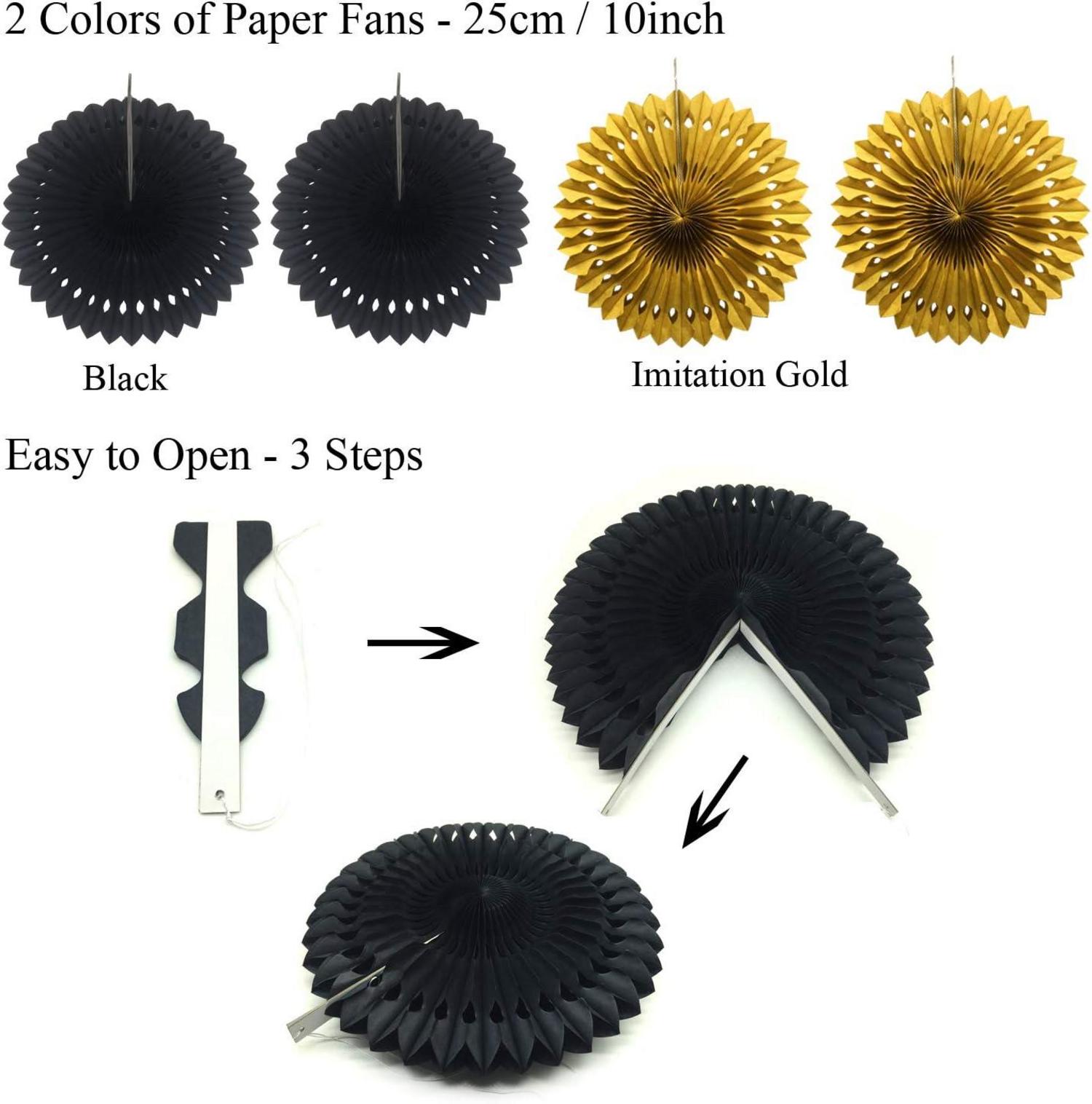 Party Dekoration Schwarz Gold Konfetti Ballons Pompoms Fächer Girlande