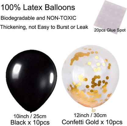 Party Dekoration Set Schwarz Gold Konfetti Ballons Pompoms Fächer