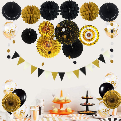 Party Dekoration Schwarz Gold Konfetti Ballons Pompoms Wimpel Girlande