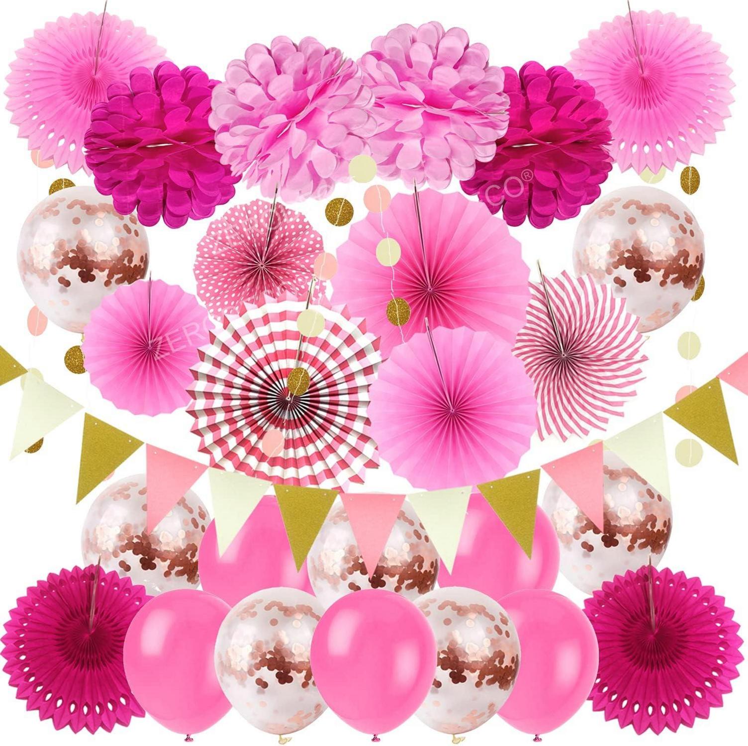 Party Dekoration Set Rosa Konfetti Ballons Pompoms Fächer Wimpel