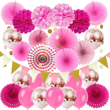 Party Dekoration Set Rosa Konfetti Ballons Pompoms Fächer Wimpel
