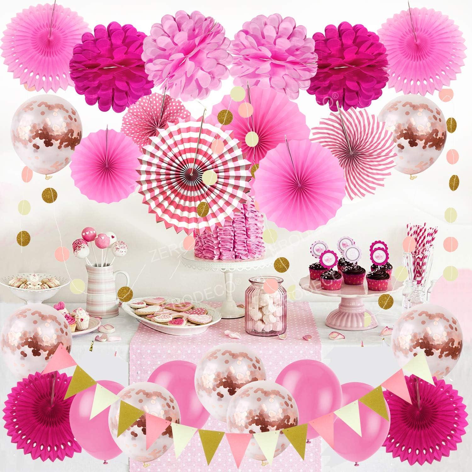Party Dekoration Set Rosa Konfetti Ballons Papier Pompoms Fächer Wimpel Girlande