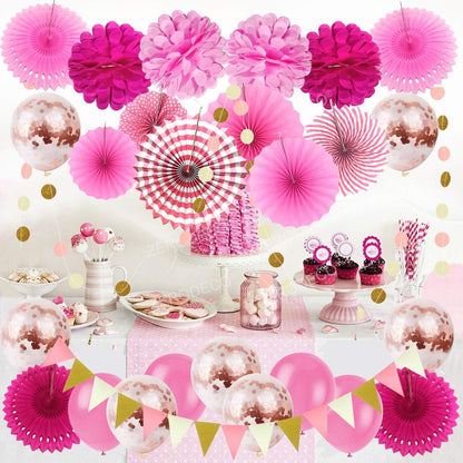 Party Dekoration Set Rosa Konfetti Ballons Papier Pompoms Fächer Wimpel Girlande