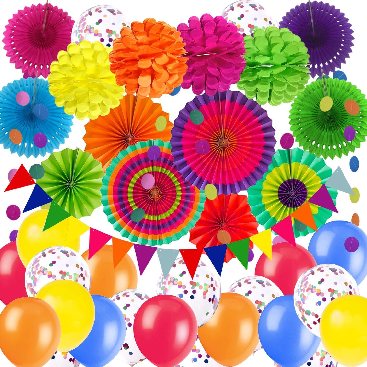 Party-Deko Set mehrfarbig Papierfächer Pompons
