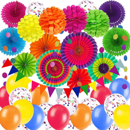Party-Deko Set mehrfarbig Papierfächer Pompons