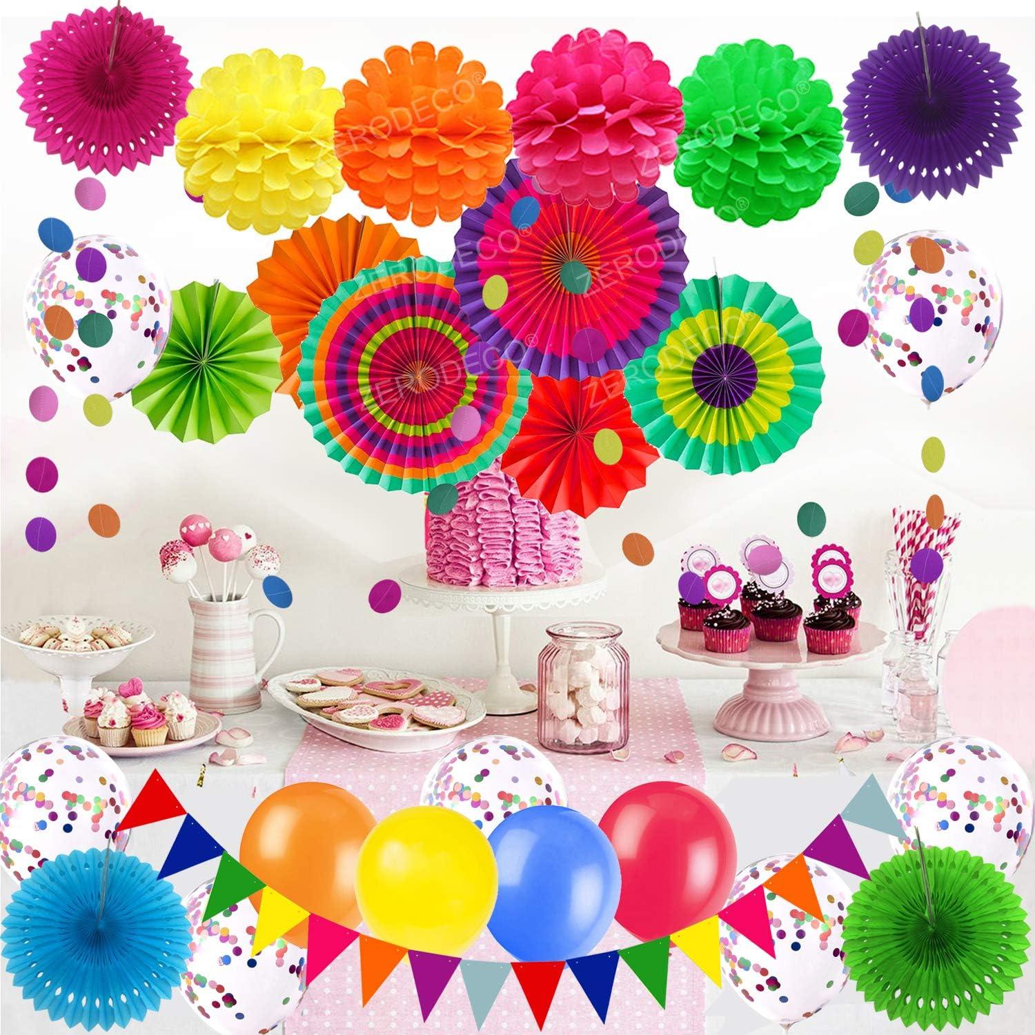 Party Dekoration Set Papierfächer Pompons Blumen Girlanden Luftballons