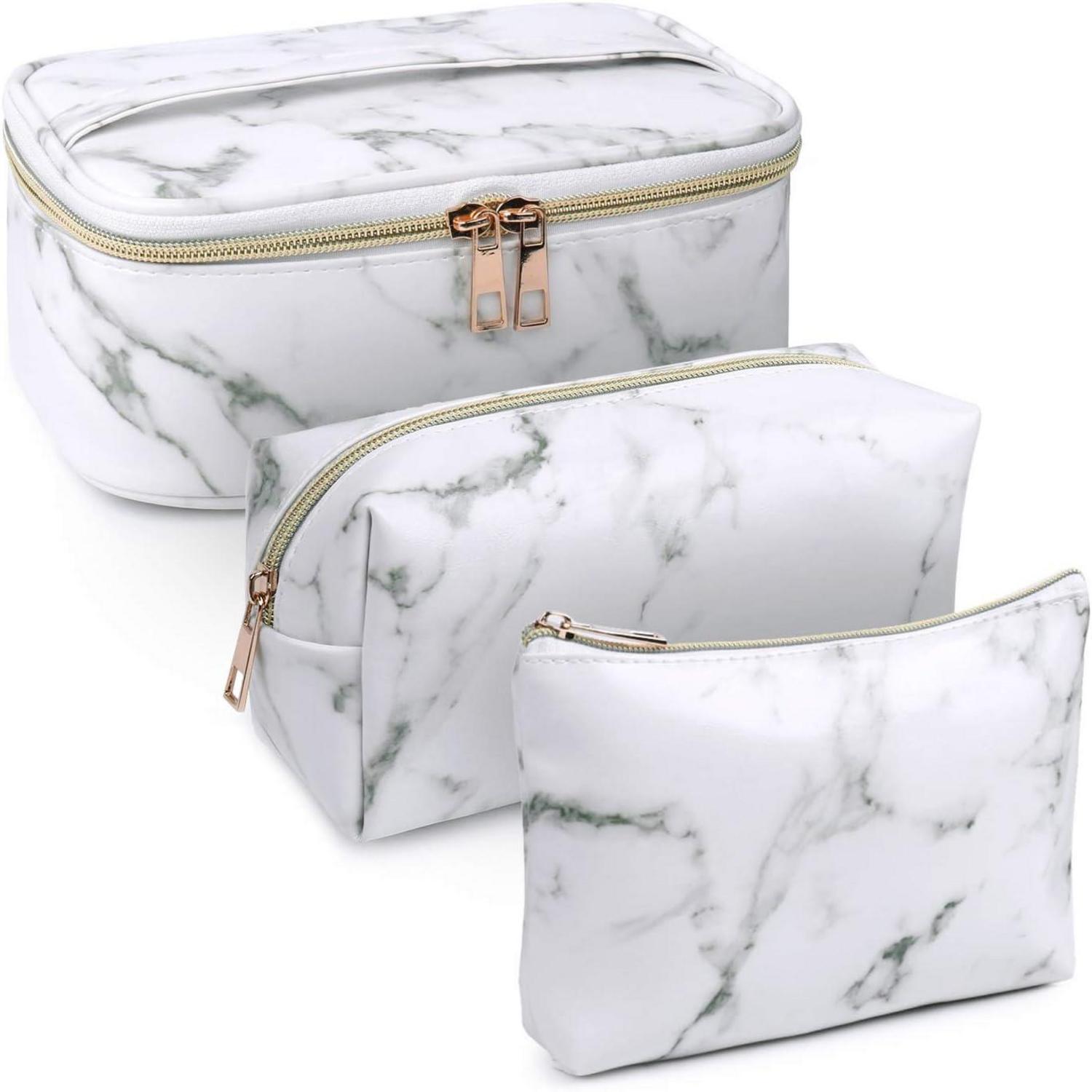 3er Set Make Up Taschen Kulturbeutel PU-Leder Marmor