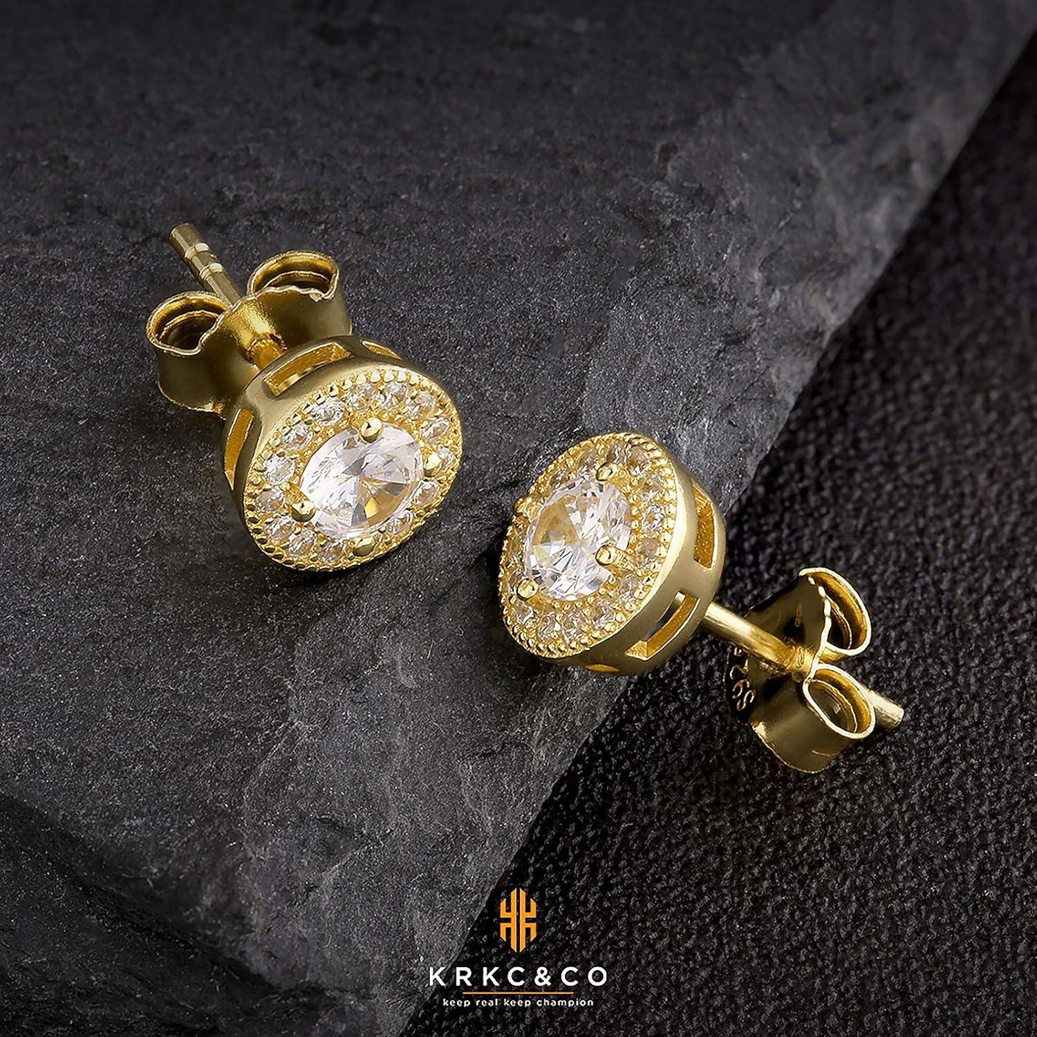 KRKC&CO Ohrringe Herren Silber 925 Zirkonia Steine Blau Weiß 14K Gold 7.5mm