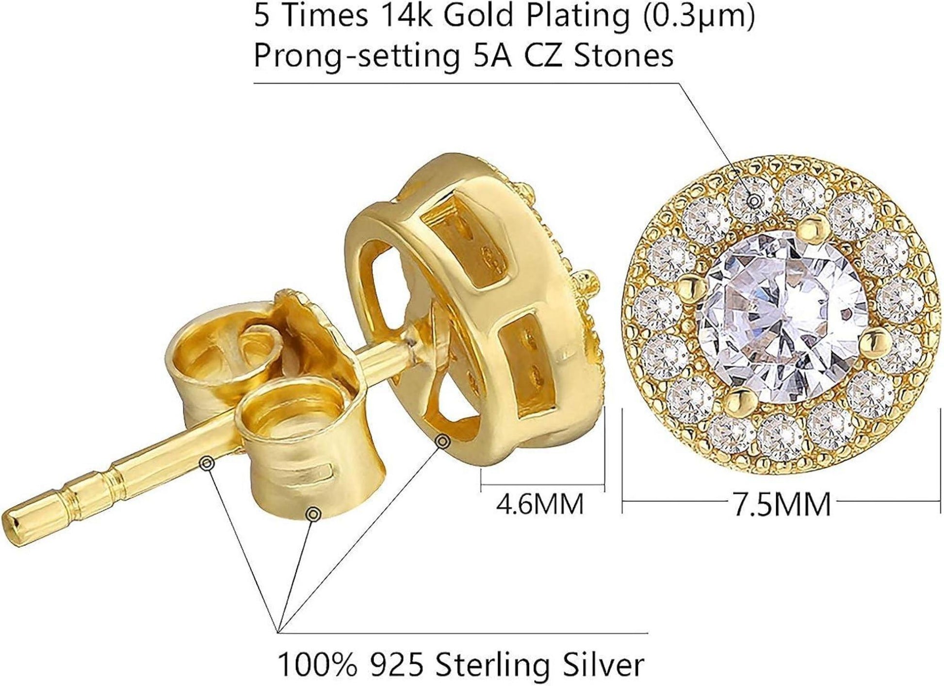 Herren Silber 925 Ohrstecker Iced Out, 14K Gold beschichtet
