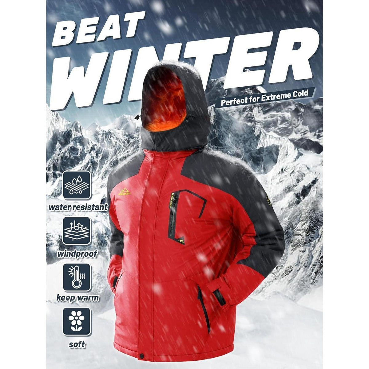 Herren Winterjacke wasserdicht warm gefüttert rot 3XL