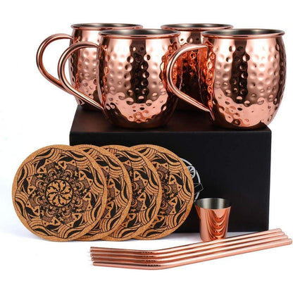 Handgefertigtes Moscow Mule Kupferbecher Set + Zubehör