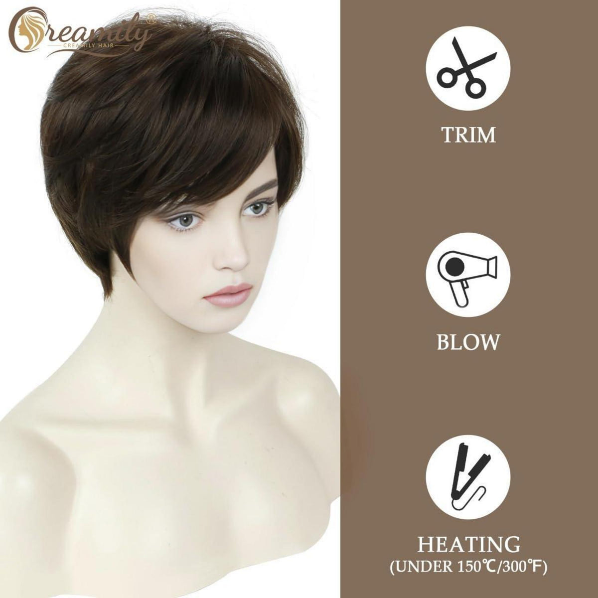 Kurze Damen Perücke Pixie Cut Schokoladenbraun mit Pony