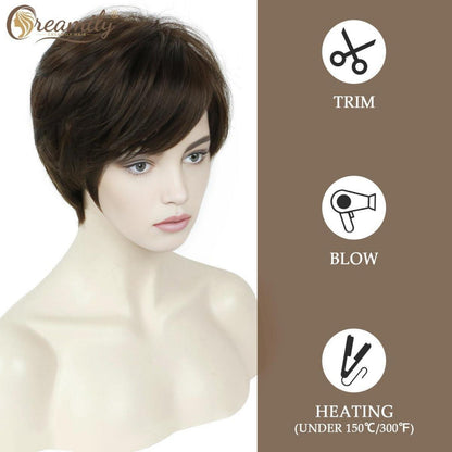 Kurze Damen Perücke Pixie Cut Schokoladenbraun mit Pony